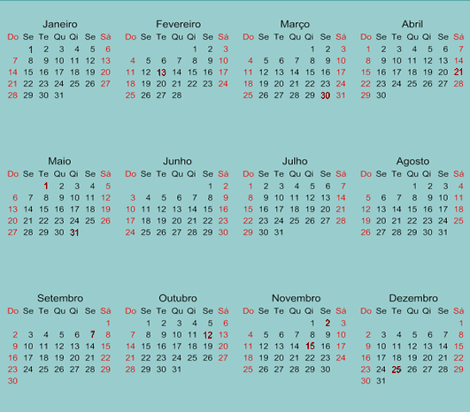 Calendário 2018 feriados