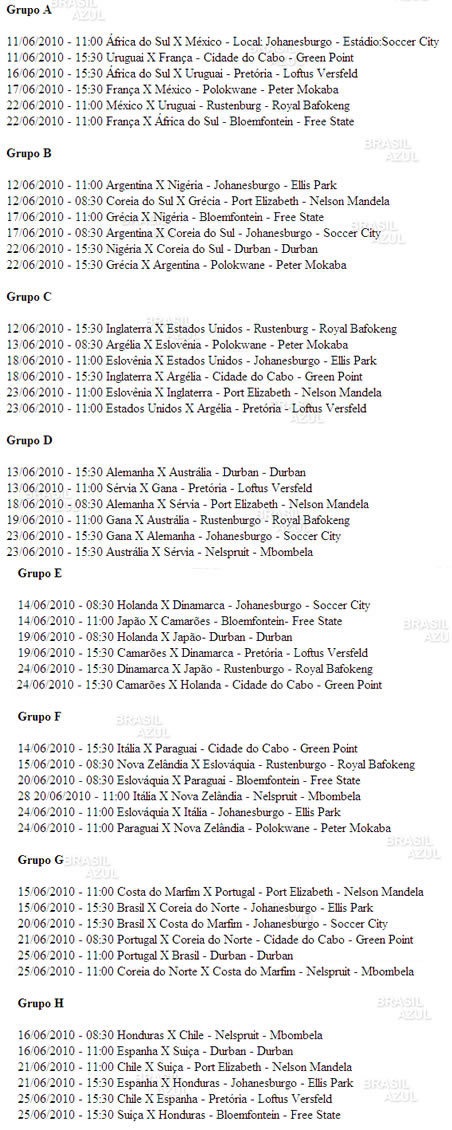 Calendrio Copa 2010